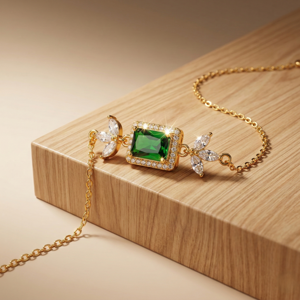 AGOR 925 Sterling Silver Gold Plated Emerald Green Rectangular Floral Chain Bracelet Premium Jewellery for Women