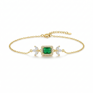 AGOR 925 Sterling Silver Gold Plated Emerald Green Rectangular Floral Chain Bracelet Premium Jewellery for Women