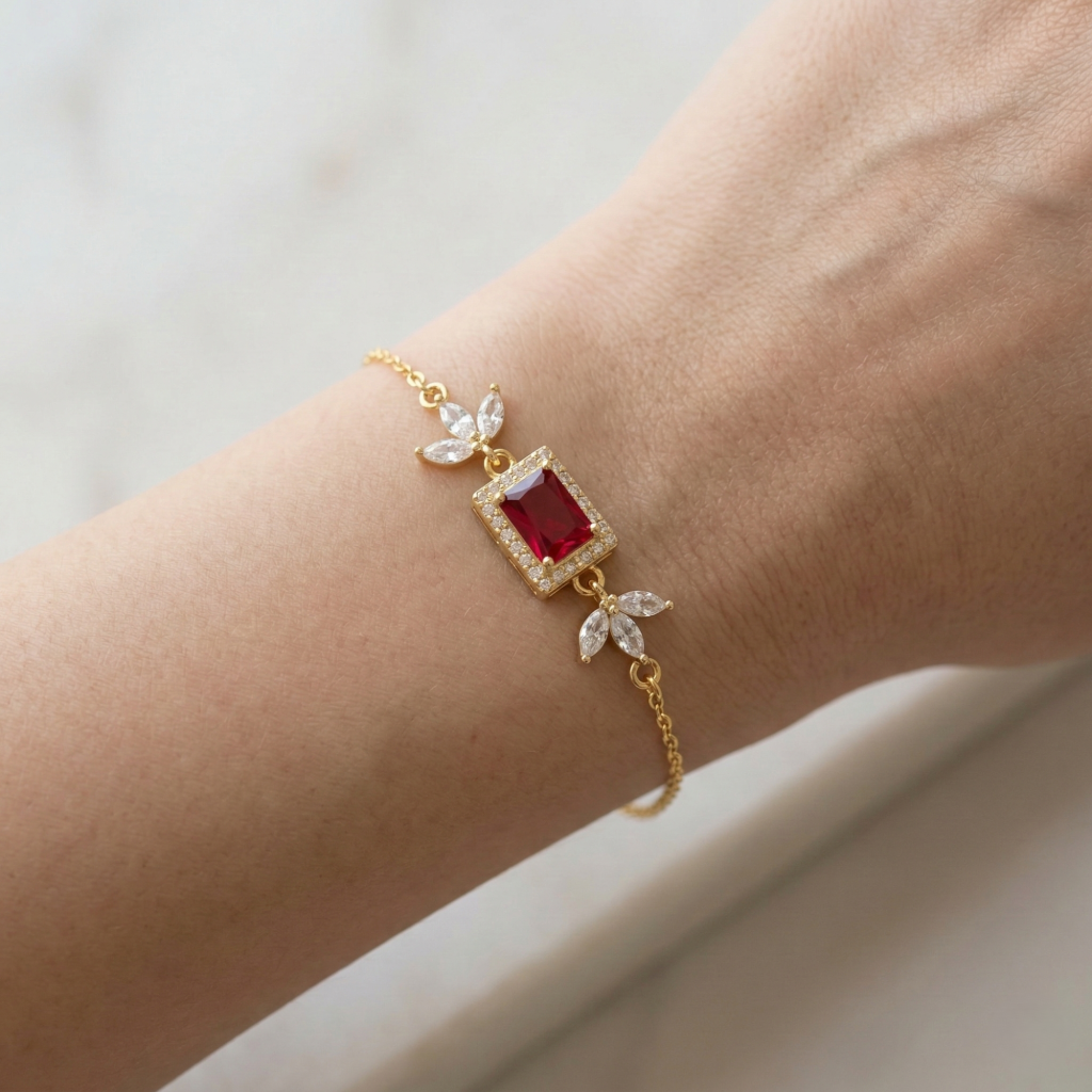 AGOR 925 Sterling Silver Gold Plated Ruby Red Rectangular Floral Chain Bracelet Premium Jewellery for Women