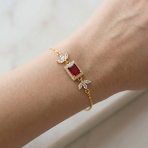 AGOR 925 Sterling Silver Gold Plated Ruby Red Rectangular Floral Chain Bracelet Premium Jewellery for Women
