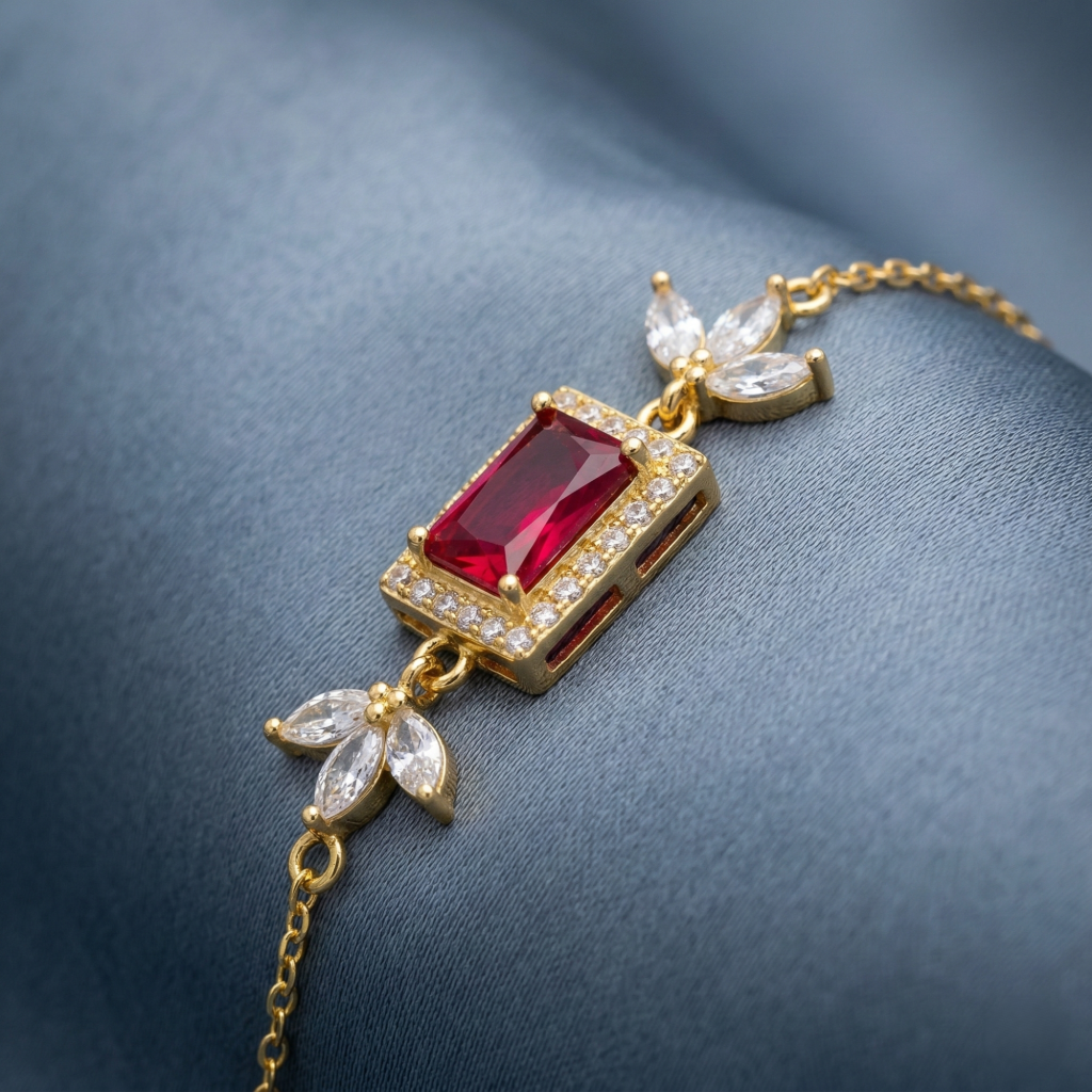 AGOR 925 Sterling Silver Gold Plated Ruby Red Rectangular Floral Chain Bracelet Premium Jewellery for Women