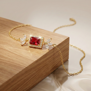 AGOR 925 Sterling Silver Gold Plated Ruby Red Rectangular Floral Chain Bracelet Premium Jewellery for Women
