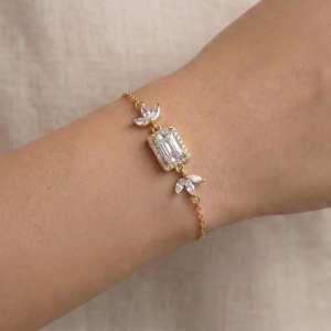 AGOR 925 Sterling Silver Gold Plated Rectangular Floral Chain Bracelet Premium Jewellery for Women