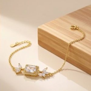 AGOR 925 Sterling Silver Gold Plated Rectangular Floral Chain Bracelet Premium Jewellery for Women