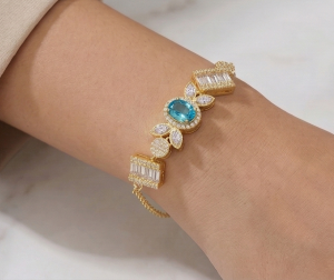 AGOR 925 Sterling Silver Gold Plated Aquamarine Blue Vintage Inspired Chain Bracelet Premium Jewellery for Women