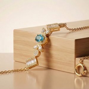 925 Sterling Silver Gold Plated Aquamarine Blue Vintage Inspired Chain Bracelet Premium Jewellery for Women