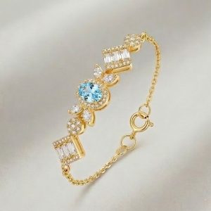 925 Sterling Silver Gold Plated Aquamarine Blue Vintage Inspired Chain Bracelet Premium Jewellery for Women