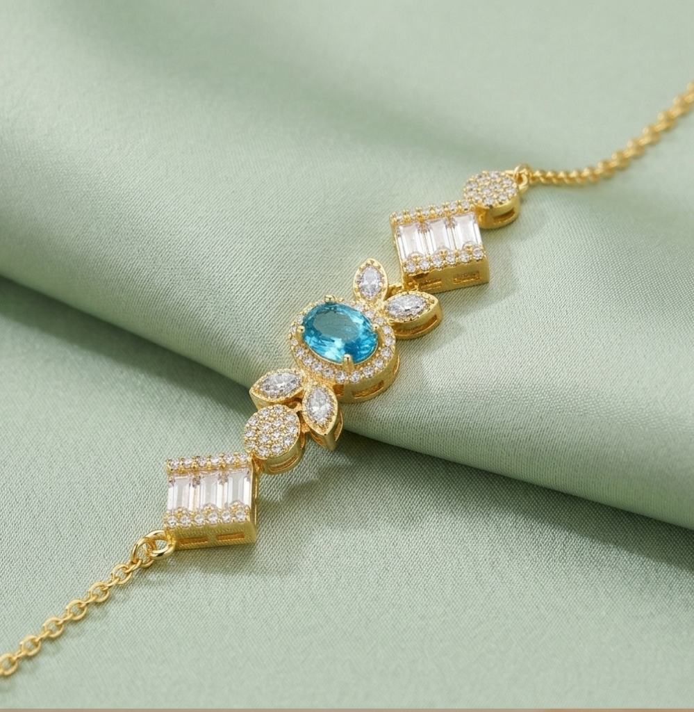 AGOR 925 Sterling Silver Gold Plated Aquamarine Blue Vintage Inspired Chain Bracelet Premium Jewellery for Women