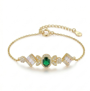AGOR 925 Sterling Silver Gold Plated Emerald Green Vintage Inspired Chain Bracelet Premium Jewellery for Women