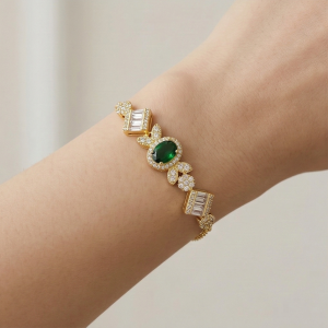 AGOR 925 Sterling Silver Gold Plated Emerald Green Vintage Inspired Chain Bracelet Premium Jewellery for Women
