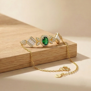 AGOR 925 Sterling Silver Gold Plated Emerald Green Vintage Inspired Chain Bracelet Premium Jewellery for Women