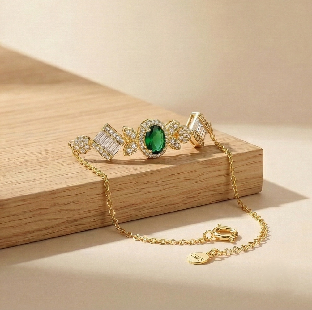 925 Sterling Silver Gold Plated Emerald Green Vintage Inspired Chain Bracelet Premium Jewellery for Women
