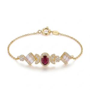 AGOR 925 Sterling Silver Gold Plated Red Stone Statement Bracelet Premium Jewellery for Women