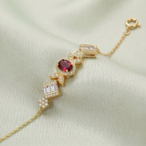 AGOR 925 Sterling Silver Gold Plated Red Stone Statement Bracelet Premium Jewellery for Women