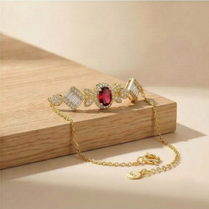 AGOR 925 Sterling Silver Gold Plated Red Stone Statement Bracelet Premium Jewellery for Women