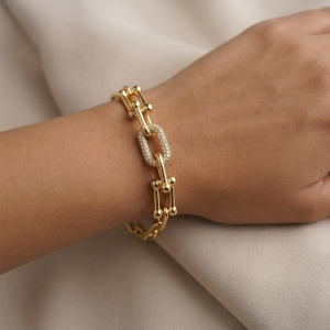 AGOR 925 Sterling Silver Gold Plated U-Link Chain Bracelet Premium Jewellery for Women
