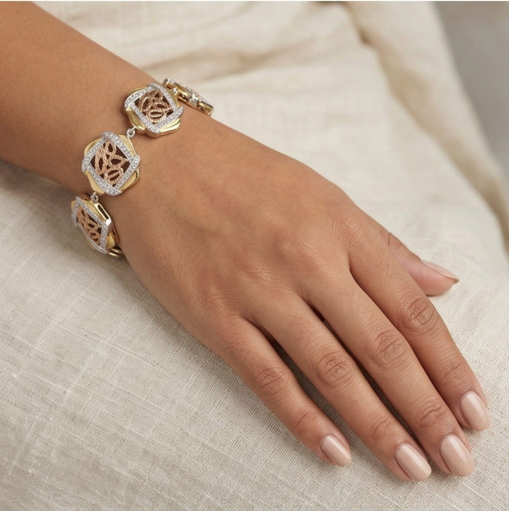 AGOR 925 Sterling Silver Two-Tone Abstract Floral Link Bracelet Premium Jewellery for Women