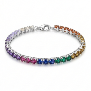 AGOR 925 Sterling Silver Rhodium Plated Rainbow Stone Tennis Bracelet Premium Jewellery for Women