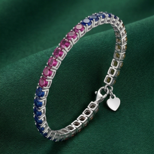 925 Sterling Silver Rhodium Plated Rainbow Stone Tennis Bracelet Premium Jewellery for Women