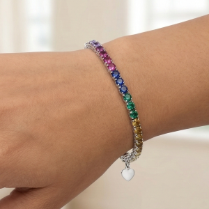 925 Sterling Silver Rhodium Plated Rainbow Stone Tennis Bracelet Premium Jewellery for Women