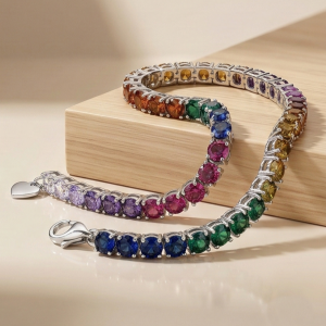 AGOR 925 Sterling Silver Rhodium Plated Rainbow Stone Tennis Bracelet Premium Jewellery for Women