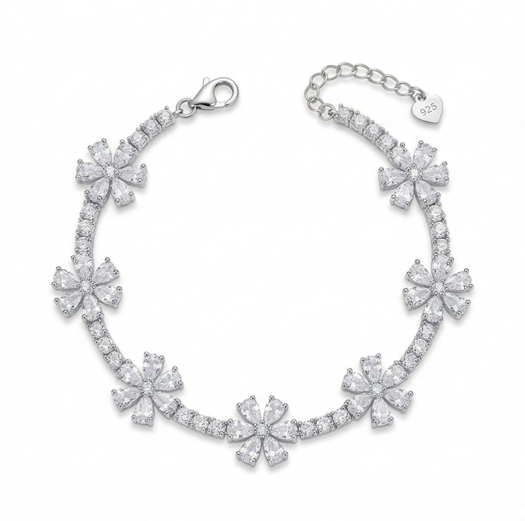 AGOR 925 Sterling Silver Rhodium Plated Floral Blossom Bracelet Premium Jewellery for Women