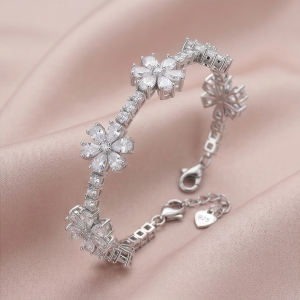 AGOR 925 Sterling Silver Rhodium Plated Floral Blossom Bracelet Premium Jewellery for Women