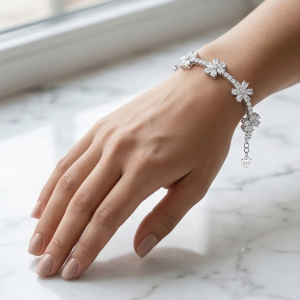 AGOR 925 Sterling Silver Rhodium Plated Floral Blossom Bracelet Premium Jewellery for Women