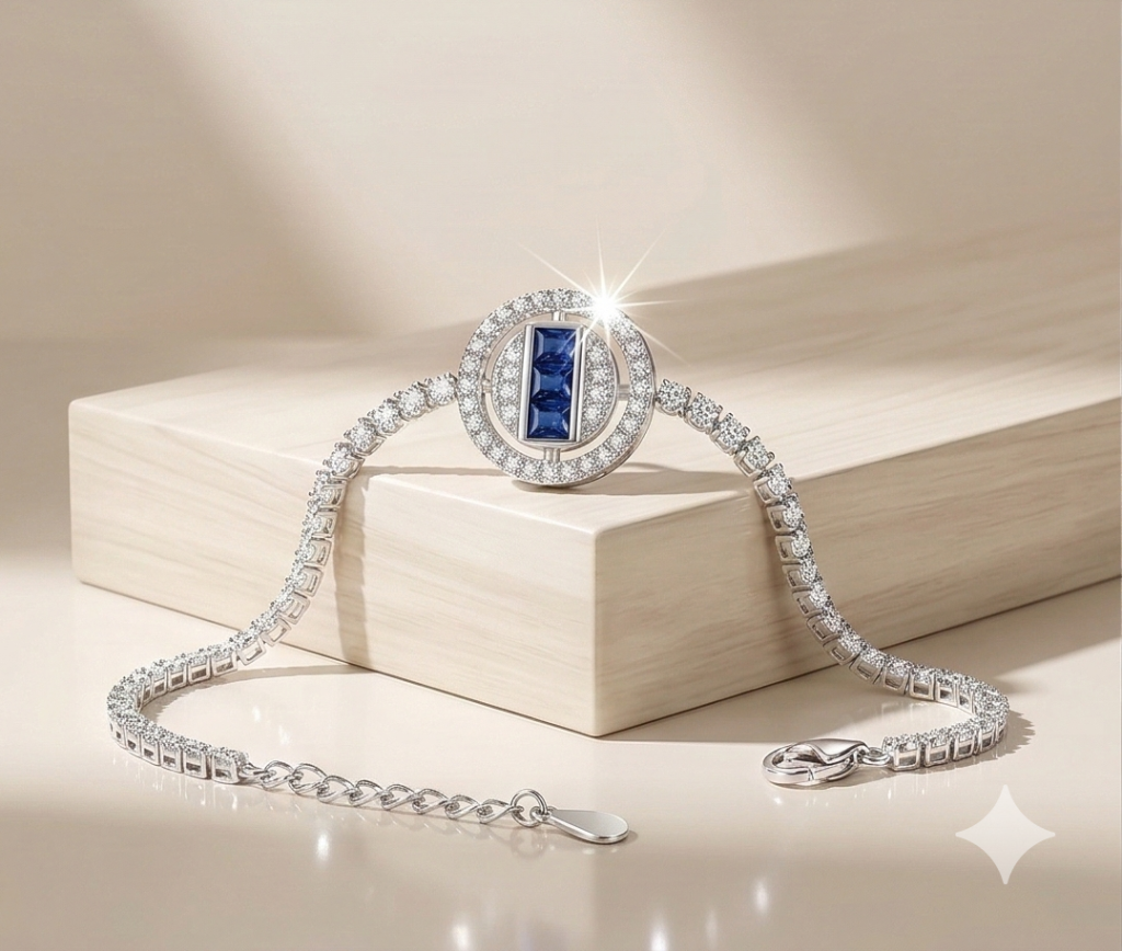 AGOR 925 Sterling Silver Rhodium Plated Blue Stone Centerpiece Bracelet Premium Jewellery for Women