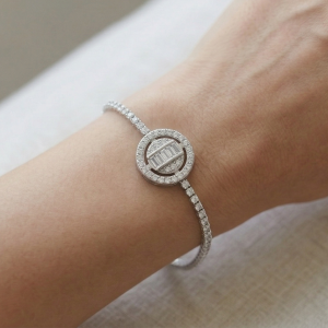 AGOR 925 Sterling Silver Rhodium Plated Halo Centerpiece Tennis Bracelet Premium Jewellery for Women