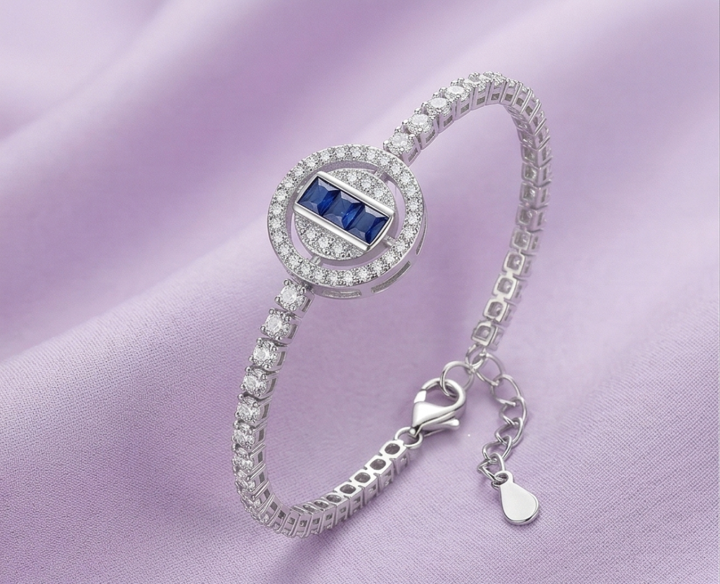 AGOR 925 Sterling Silver Rhodium Plated Blue Stone Centerpiece Bracelet Premium Jewellery for Women