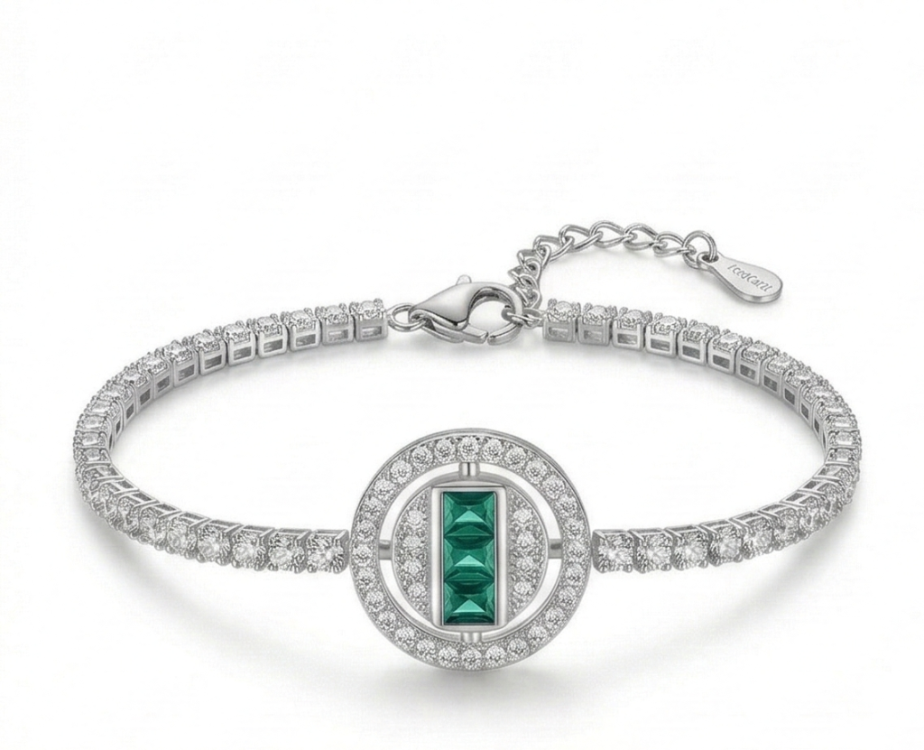 AGOR 925 Sterling Silver Halo Emerald Cut Green Stone Tennis Bracelet High Polish Rhodium Premium Finish Premium Women's Jewellery