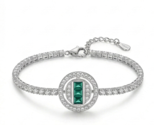 AGOR 925 Sterling Silver Halo Emerald Cut Green Stone Tennis Bracelet High Polish Rhodium Premium Finish Premium Women's Jewellery