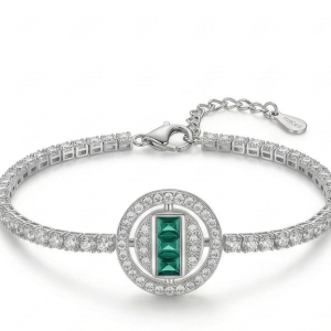 925 Sterling Silver Halo Emerald Cut Green Stone Tennis Bracelet High Polish Rhodium Premium Finish Premium Women's Jewellery