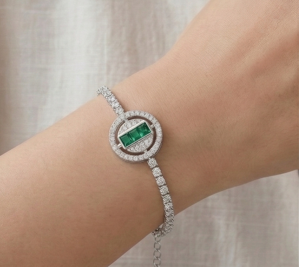 925 Sterling Silver Halo Emerald Cut Green Stone Tennis Bracelet High Polish Rhodium Premium Finish Premium Women's Jewellery