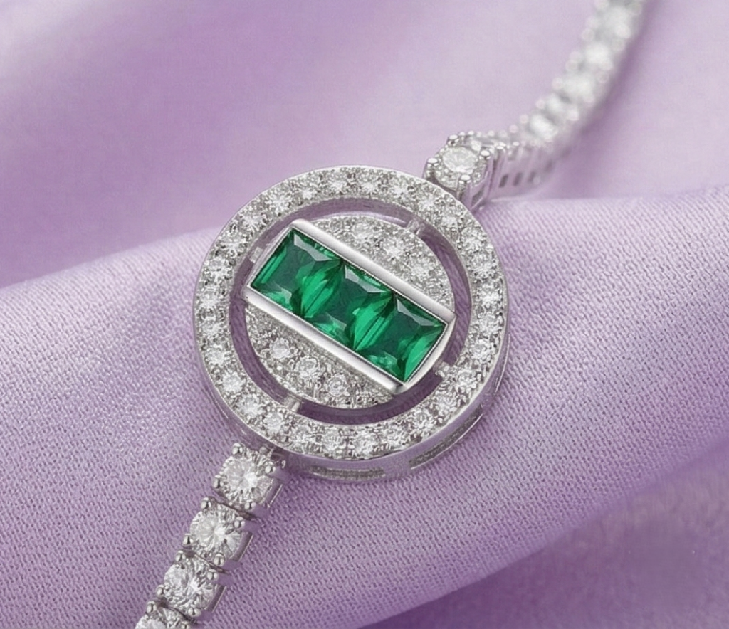 AGOR 925 Sterling Silver Halo Emerald Cut Green Stone Tennis Bracelet High Polish Rhodium Premium Finish Premium Women's Jewellery