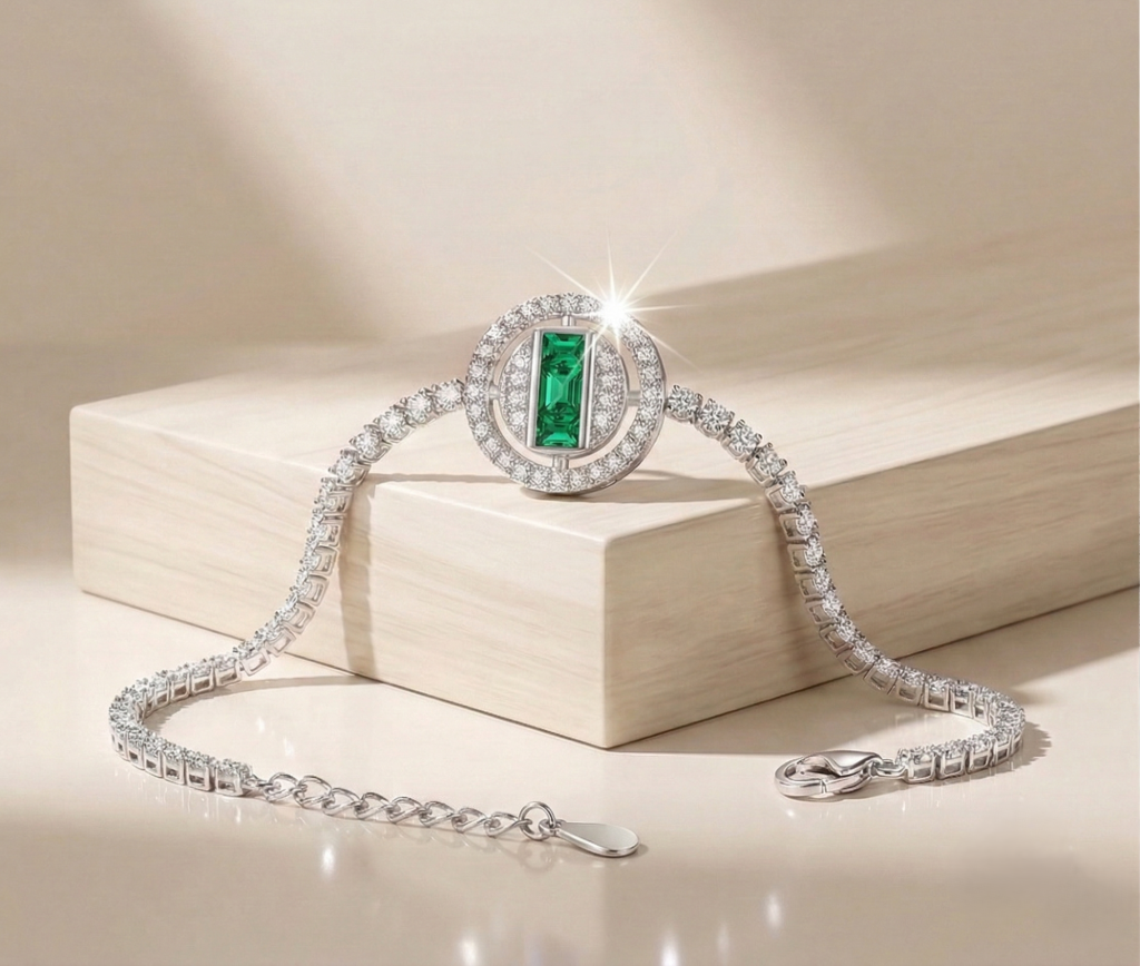 AGOR 925 Sterling Silver Halo Emerald Cut Green Stone Tennis Bracelet High Polish Rhodium Premium Finish Premium Women's Jewellery
