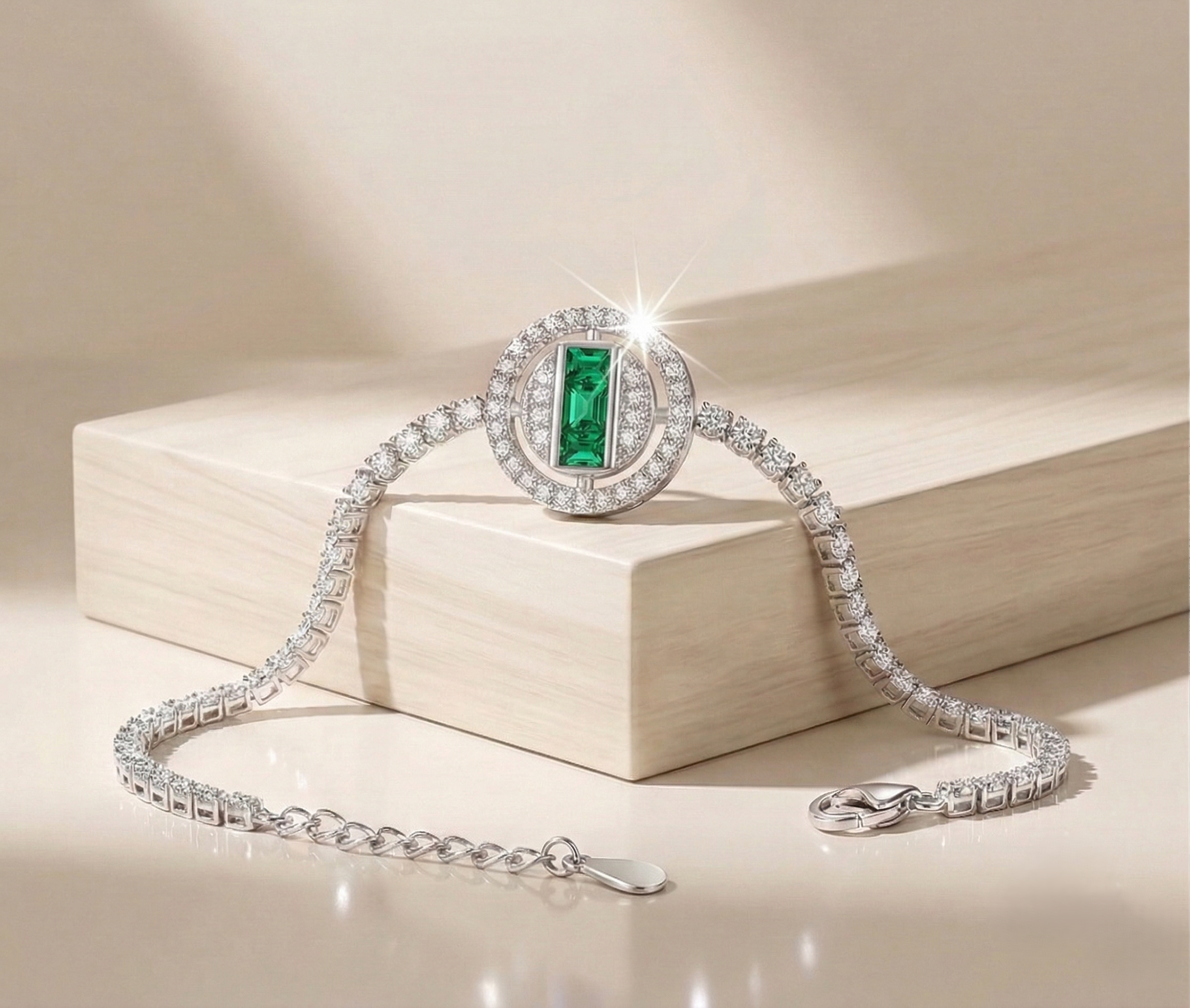 925 Sterling Silver Halo Emerald Cut Green Stone Tennis Bracelet High Polish Rhodium Premium Finish Premium Women's Jewellery