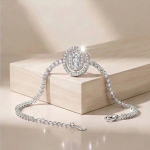 AGOR 925 Sterling Silver Rhodium Plated Halo Centerpiece Tennis Bracelet Premium Jewellery for Women