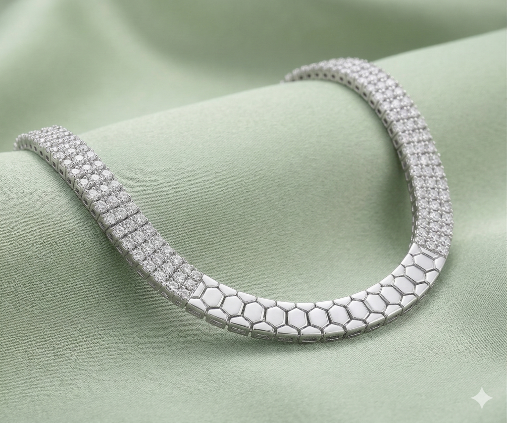 AGOR 925 Sterling Silver Half Pave Half Honeycomb Bangle Bracelet High Polish Rhodium Premium Finish Modern Statement Jewellery
