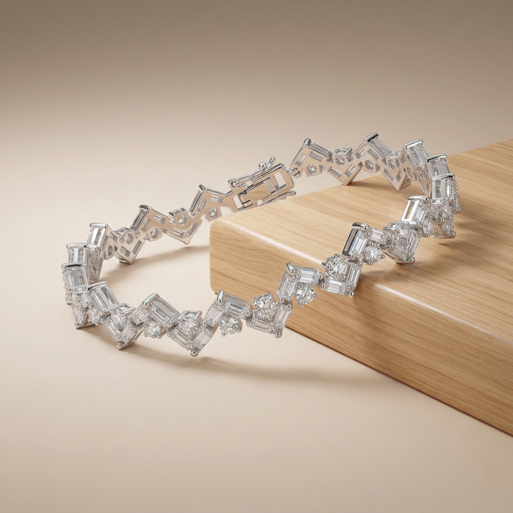 AGOR 925 Sterling Silver Zig Zag Geometric Link Bracelet High Polish Premium Rhodium Finish Bridal Party Wear Jewellery