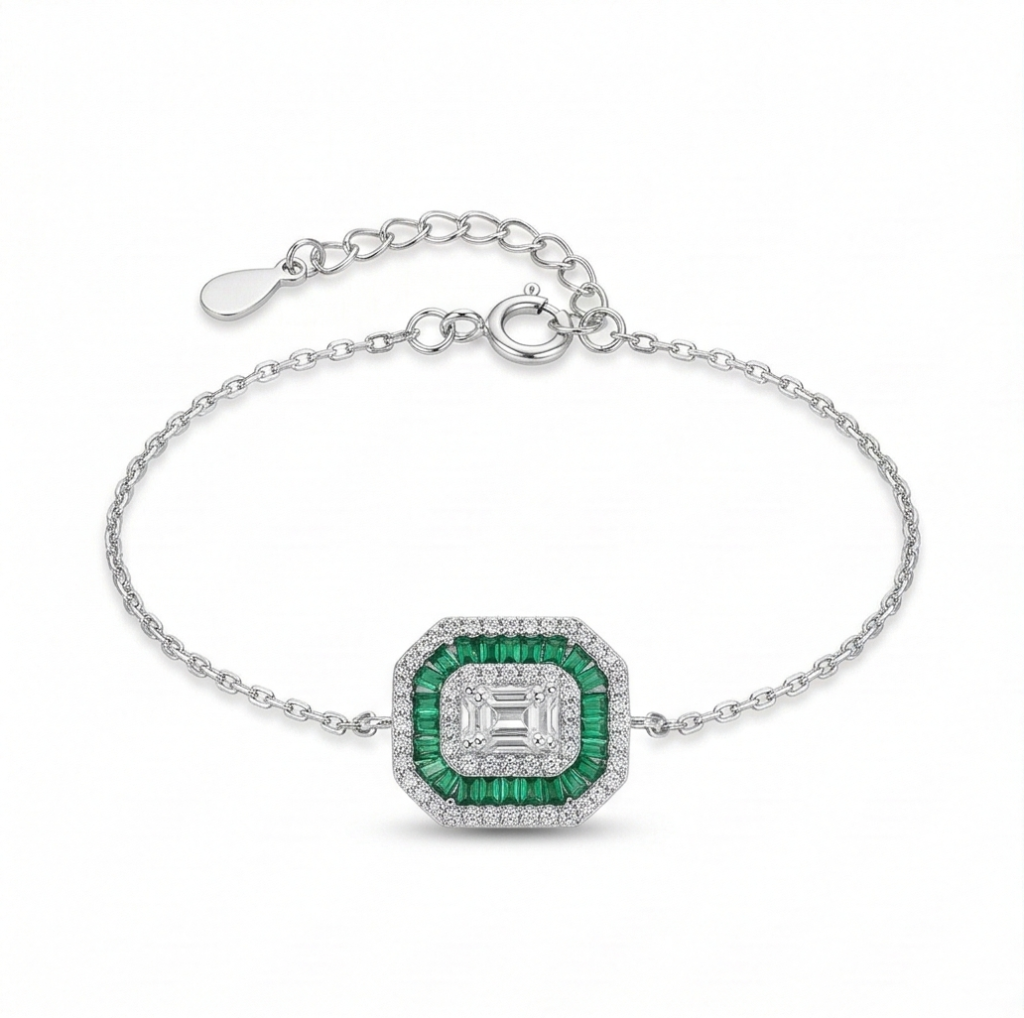 AGOR 925 Sterling Silver Delicate Octagon Green Halo Chain Bracelet High Polish Premium Rhodium Finish Elegant Daily Wear Jewellery