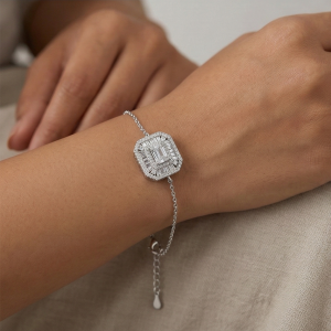 925 Sterling Silver Delicate Octagon Halo Chain Bracelet High Polish Premium Rhodium Finish Minimalist Everyday Jewellery