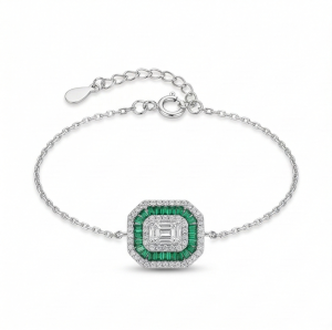 AGOR 925 Sterling Silver Delicate Octagon Green Halo Chain Bracelet High Polish Premium Rhodium Finish Elegant Daily Wear Jewellery