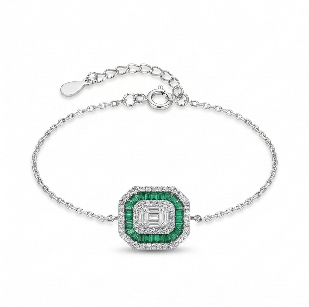 925 Sterling Silver Delicate Octagon Green Halo Chain Bracelet High Polish Premium Rhodium Finish Elegant Daily Wear Jewellery