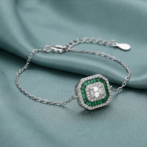 AGOR 925 Sterling Silver Delicate Octagon Green Halo Chain Bracelet High Polish Premium Rhodium Finish Elegant Daily Wear Jewellery