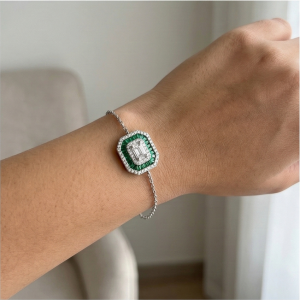AGOR 925 Sterling Silver Delicate Octagon Green Halo Chain Bracelet High Polish Premium Rhodium Finish Elegant Daily Wear Jewellery