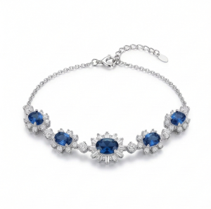 AGOR 925 Sterling Silver Floral Blue Oval Link Bracelet High Polish Premium Rhodium Finish Elegant Party Wear Jewellery