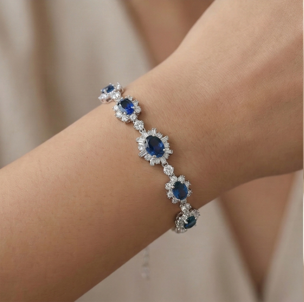 AGOR 925 Sterling Silver Floral Blue Oval Link Bracelet High Polish Premium Rhodium Finish Elegant Party Wear Jewellery