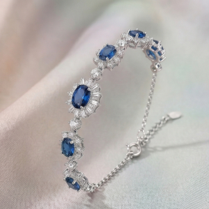 925 Sterling Silver Floral Blue Oval Link Bracelet High Polish Premium Rhodium Finish Elegant Party Wear Jewellery